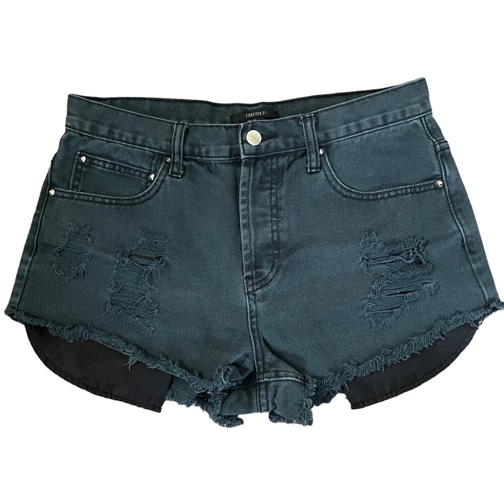 Forever21 Light Wash Black Distressed High-Waisted Shorts Cutoffs Button-Up